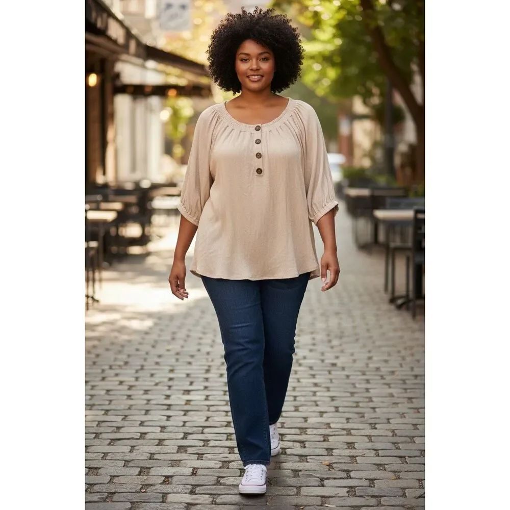 French Laundry Beige Boho Peasant Blouse XL 3/4 Sleeve